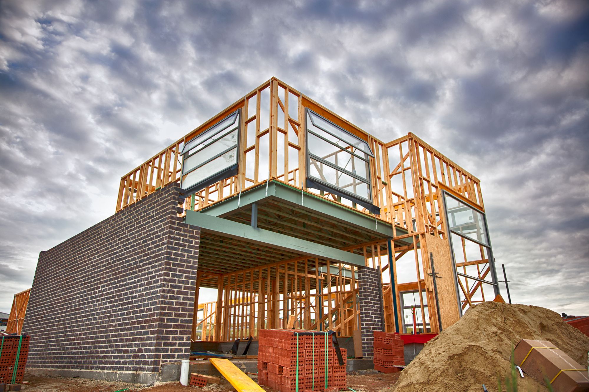 Timber frame of a house under construction, Southport QLD